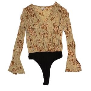 Leopard Print Long Sleeve Wrap Front‎ Bodysuit Bell Sleeves Lightweight Women XS